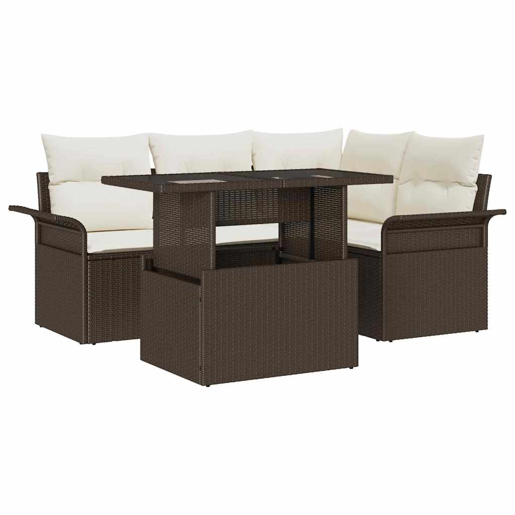 Havesofa Sæt med pude 5 pcs Brun Poly rattan
