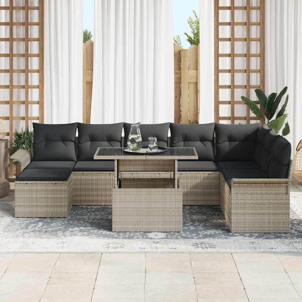 Havesofa Sæt med pude 9 pcs Lysegrå polyrattan