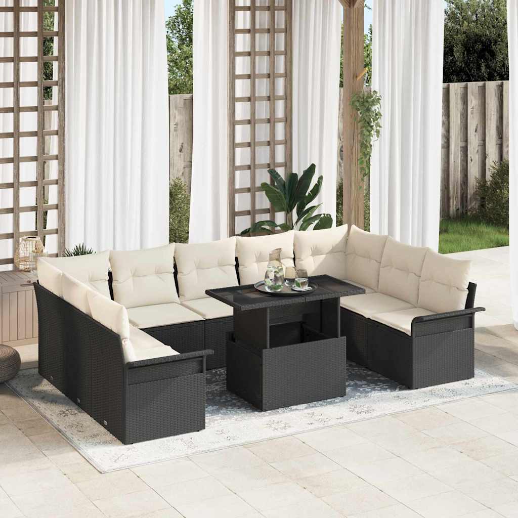 Havesofa Sæt med pude 10 pcs Sort Poly rattan