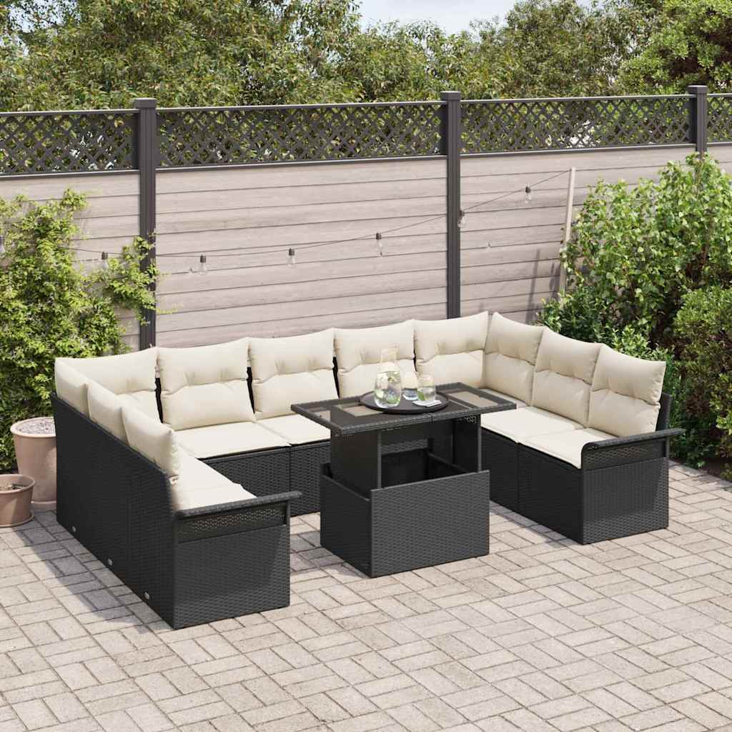Havesofa Sæt med pude 10 pcs Sort Poly rattan