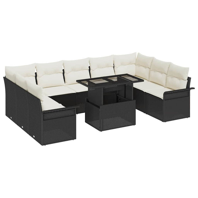 Havesofa Sæt med pude 10 pcs Sort Poly rattan