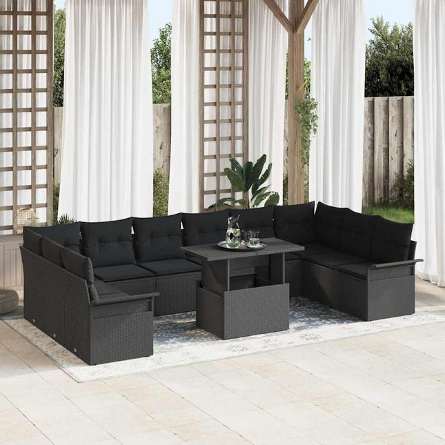 Havesofa Sæt med pude 11 pcs Sort Poly rattan