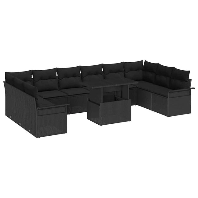 Havesofa Sæt med pude 11 pcs Sort Poly rattan
