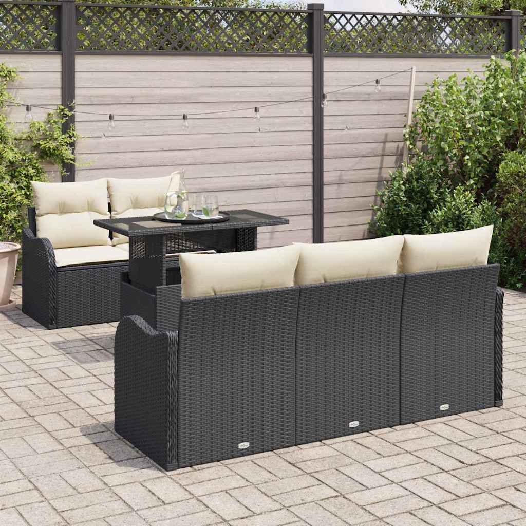 Havesofa Sæt med pude 6 pcs Sort og Cream polyrattan