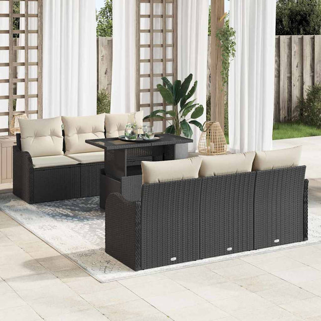 Havesofa Sæt med pude 7 pcs Sort Poly rattan