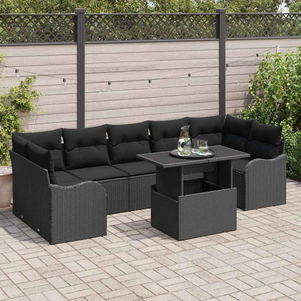 Havesofa Sæt med pude 8 pcs Sort polyrattan