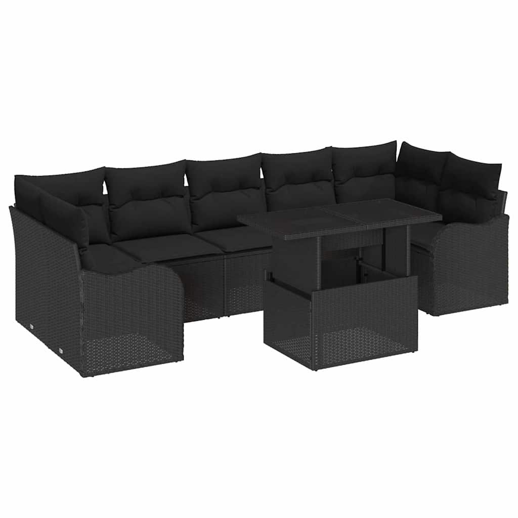 Havesofa Sæt med pude 8 pcs Sort polyrattan