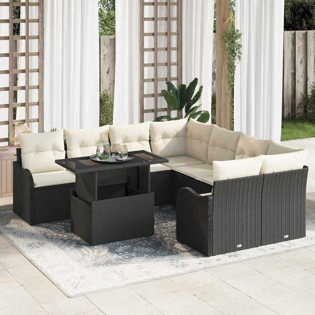 Havesofa Sæt med pude 9 pcs Sort Poly rattan