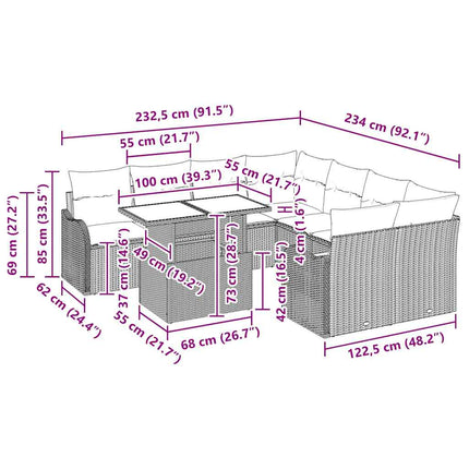 Havesofa Sæt med pude 9 pcs Sort Poly rattan