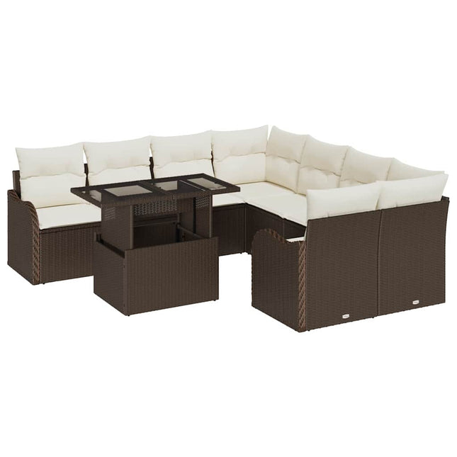 Havesofa Sæt med pude 9 pcs Brun Poly rattan