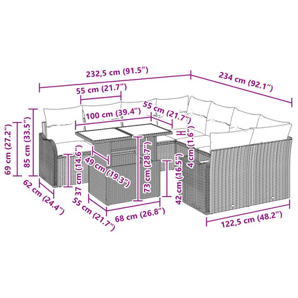 Havesofa Sæt med pude 9 pcs Brun Poly rattan