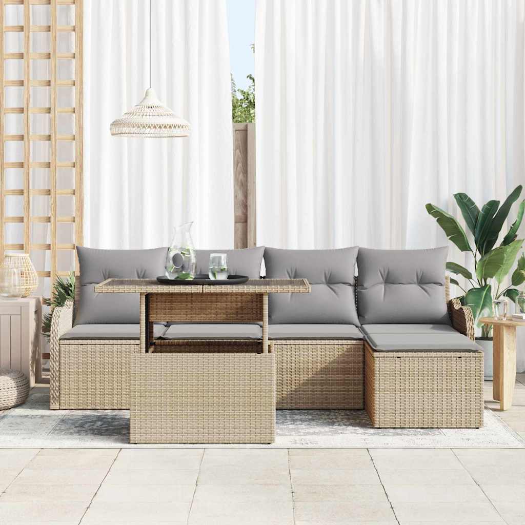 Udendørs siddesæt med pude 6 pcs Beige Poly rattan