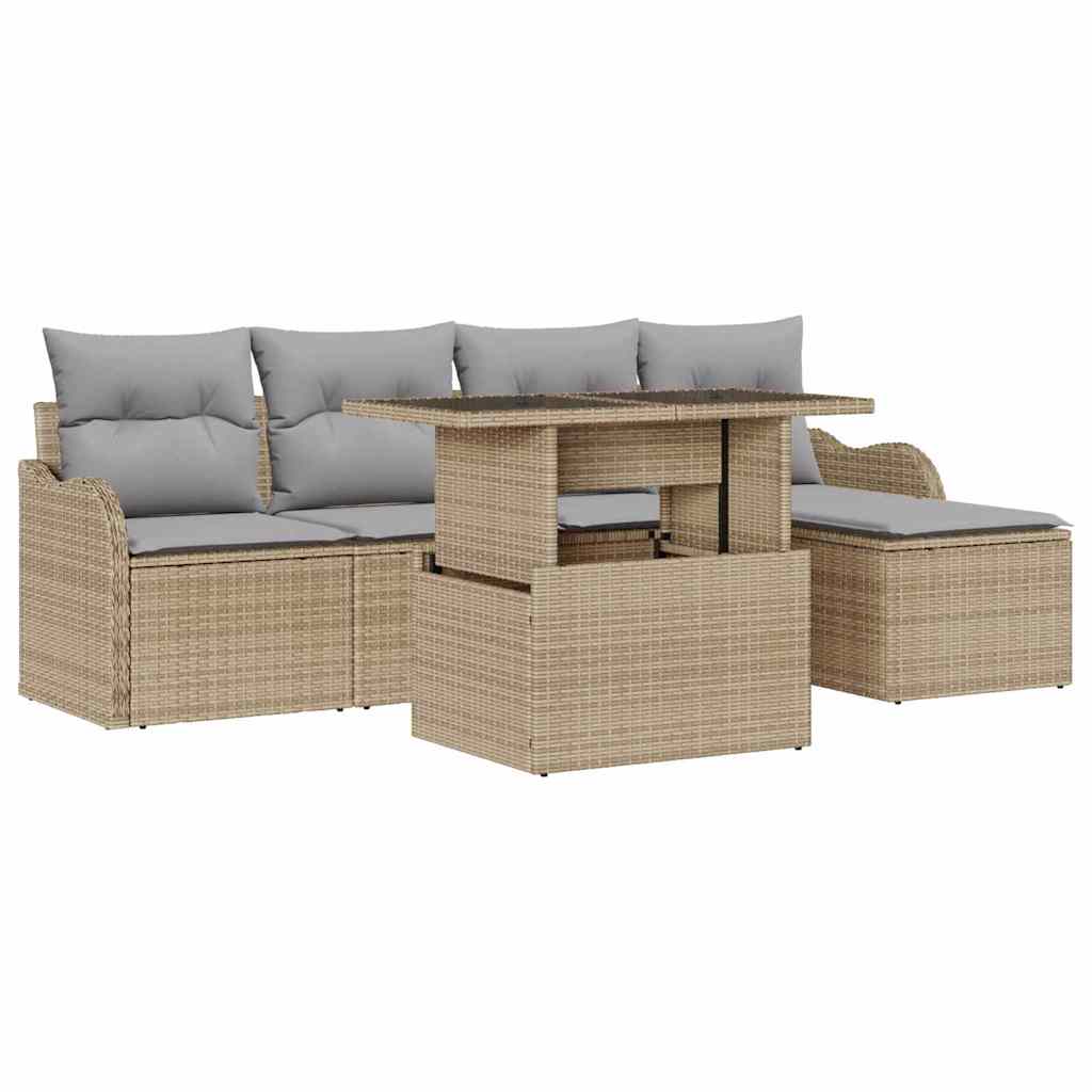 Udendørs siddesæt med pude 6 pcs Beige Poly rattan