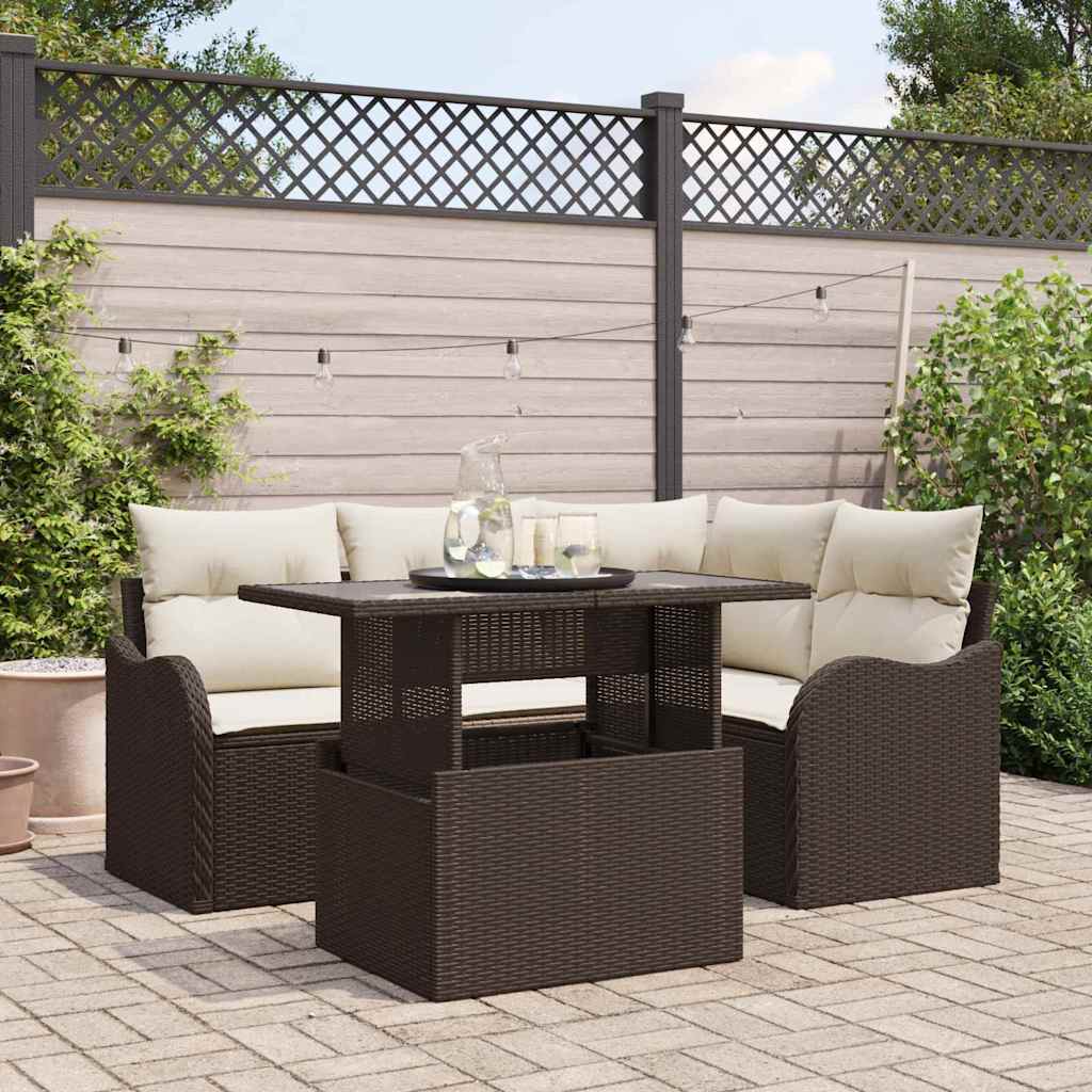Udendørs spise sæt med pude 5 pcs Brun Poly rattan