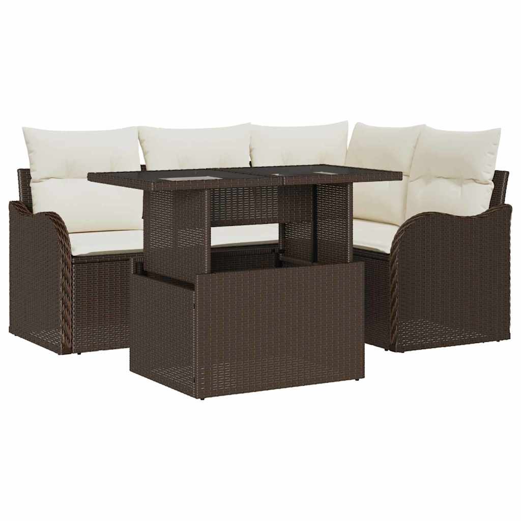 Udendørs spise sæt med pude 5 pcs Brun Poly rattan