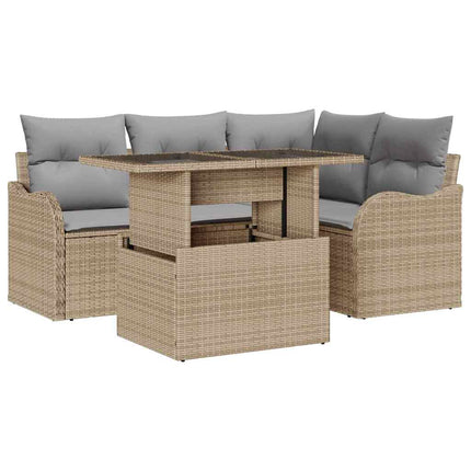 Udendørs spise sæt med pude 5 pcs Beige Poly rattan