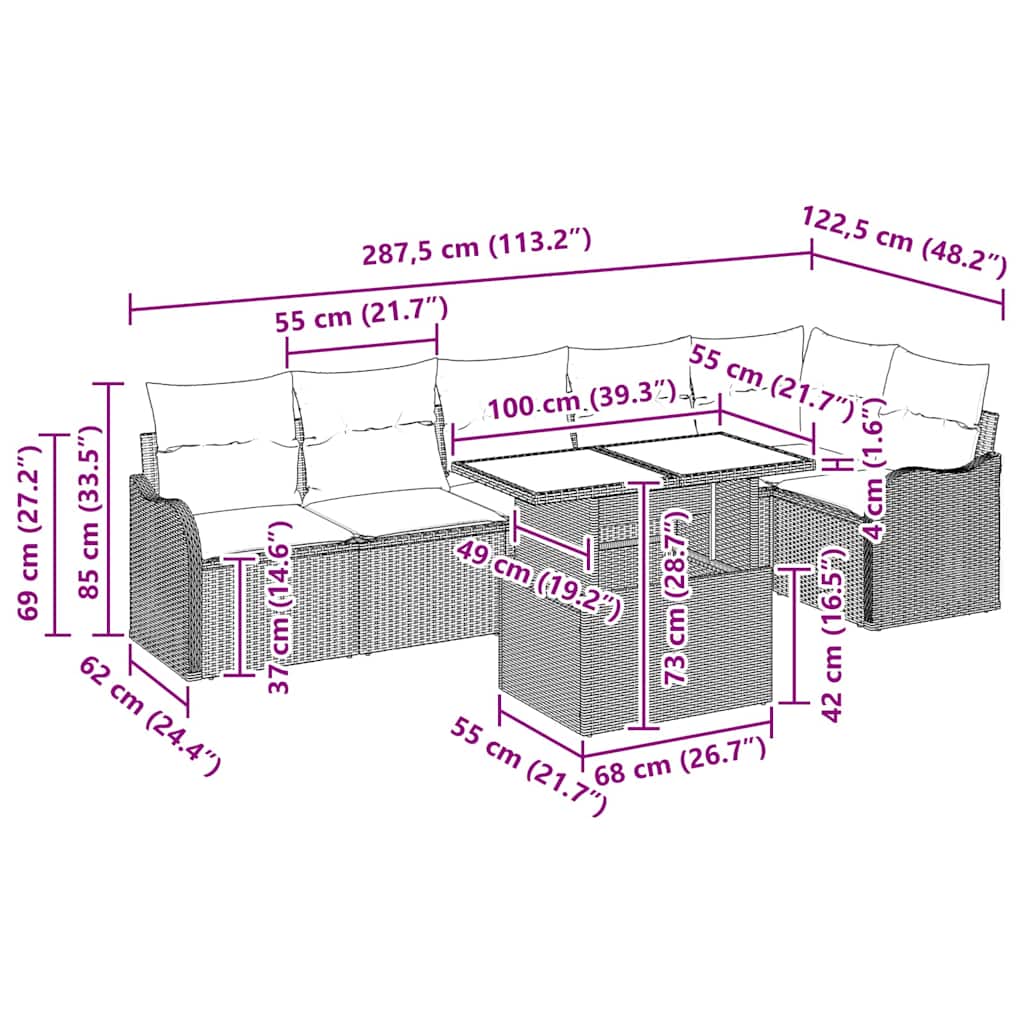 Sofa Sæt med pude 7 pcs Sort Poly rattan