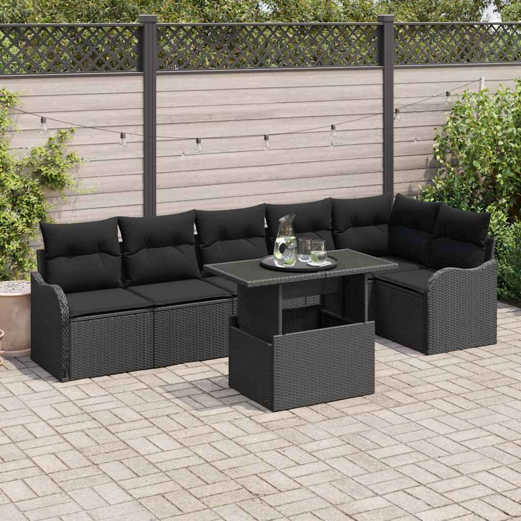 Sofa Sæt med pude 7 pcs Sort Poly rattan