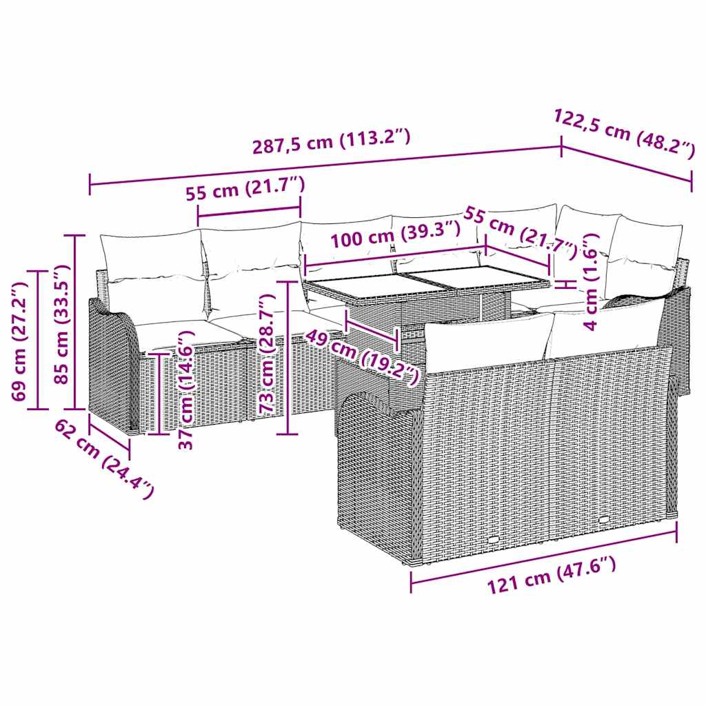 Lounge sæt med pude 9 pcs Sort Poly rattan