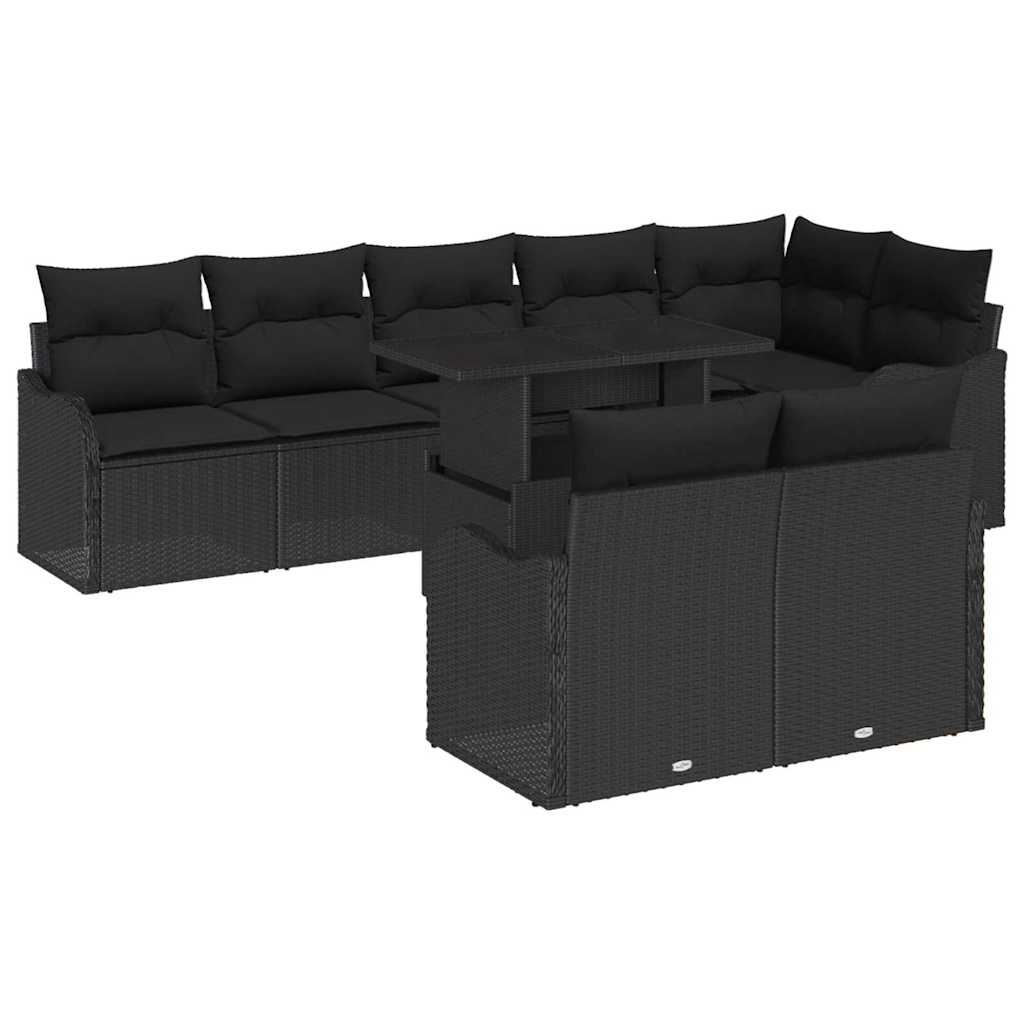 Lounge sæt med pude 9 pcs Sort Poly rattan