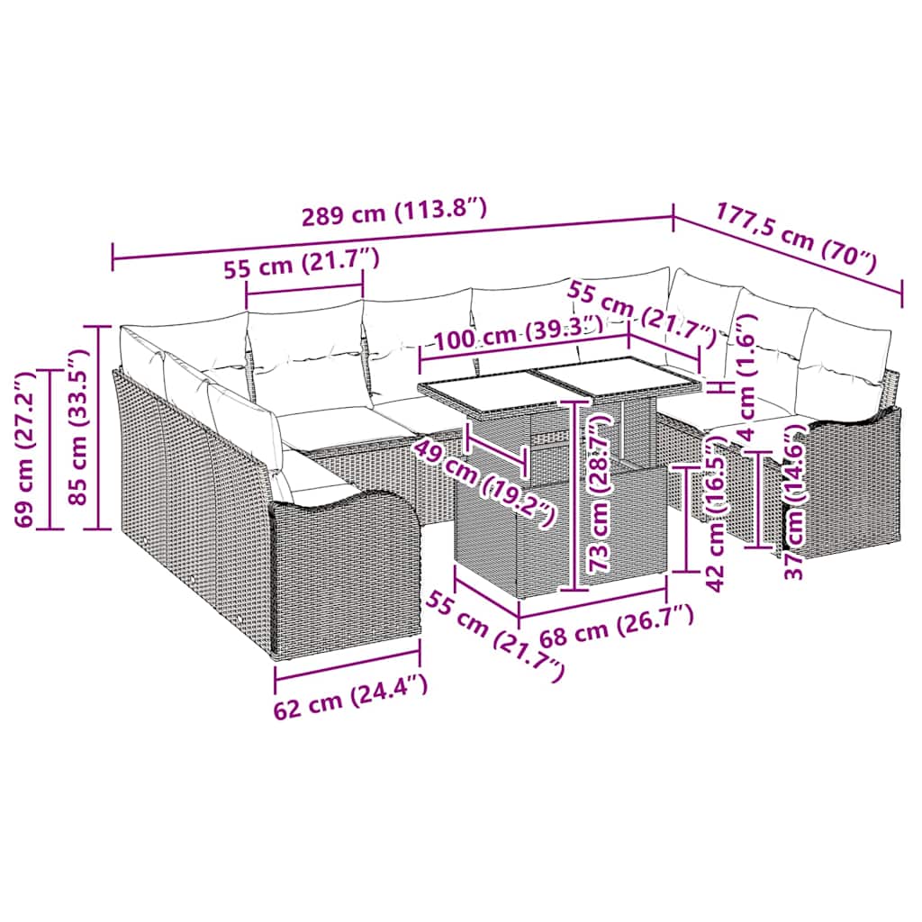 Havesofa Sæt med pude 10 pcs Sort Poly rattan
