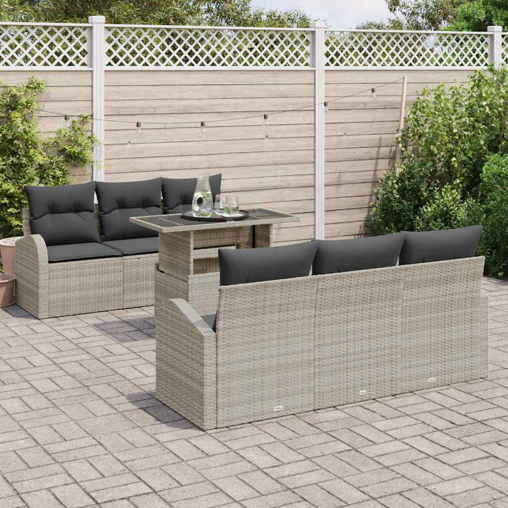 Havesofa Sæt med pude 7 pcs Lysegrå Poly rattan