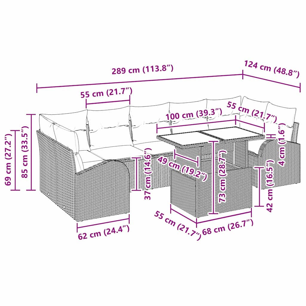 Havesofa Sæt med pude 8 pcs Beige Poly rattan
