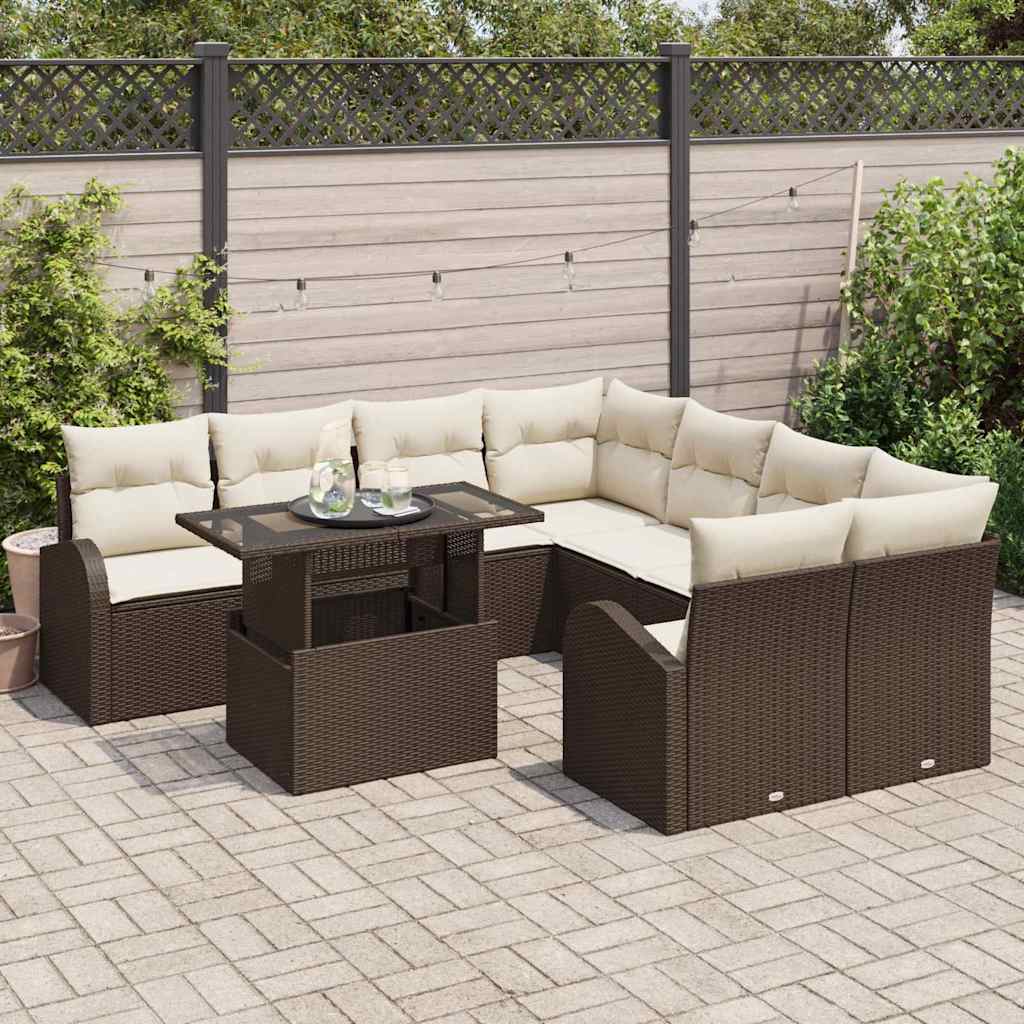 Havesofa Sæt med opbevaring 9 pcs Brun polyrattan