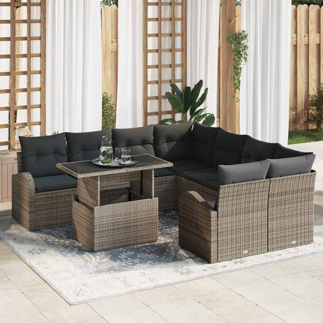Havesofa Sæt med opbevaring 9 pcs Grå polyrattan