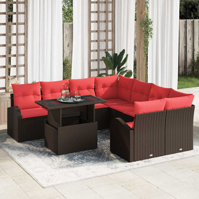 Havesofa Sæt med opbevaring 9 pcs Brun polyrattan