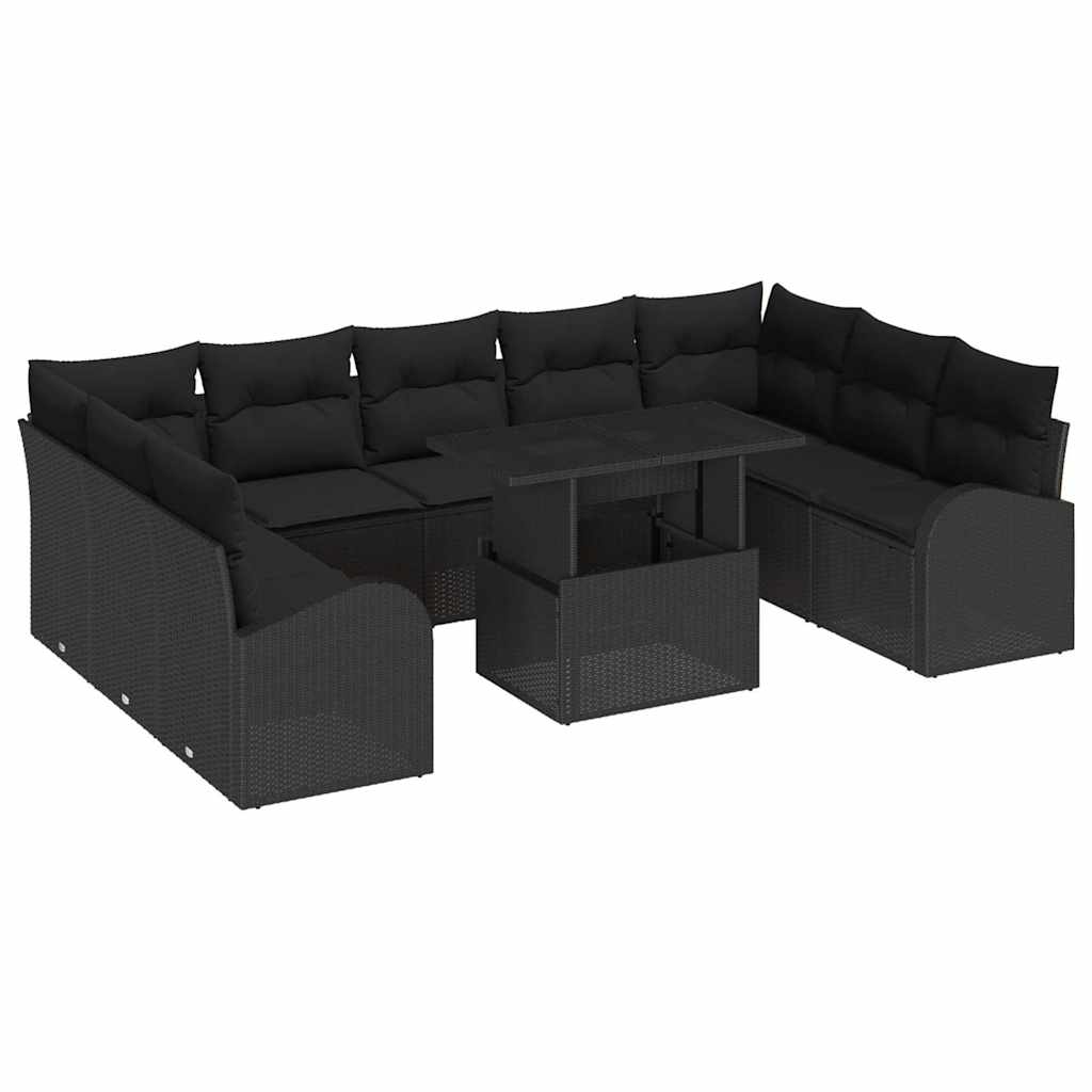 Havesofa Sæt med opbevaring med pude 10 pcs Sort polyrattan
