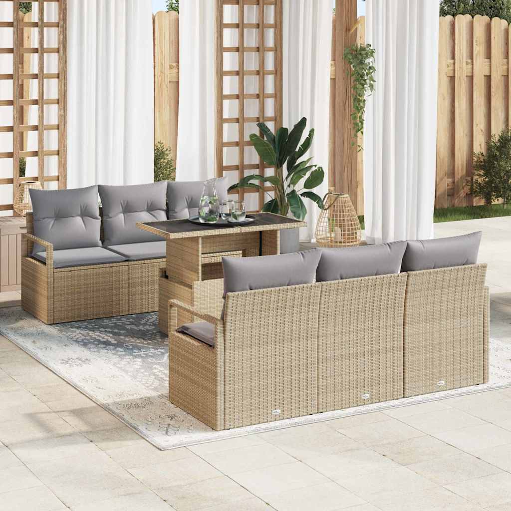 Havesofa Sæt med opbevaring 7 pcs Beige og lys grå polyrattan
