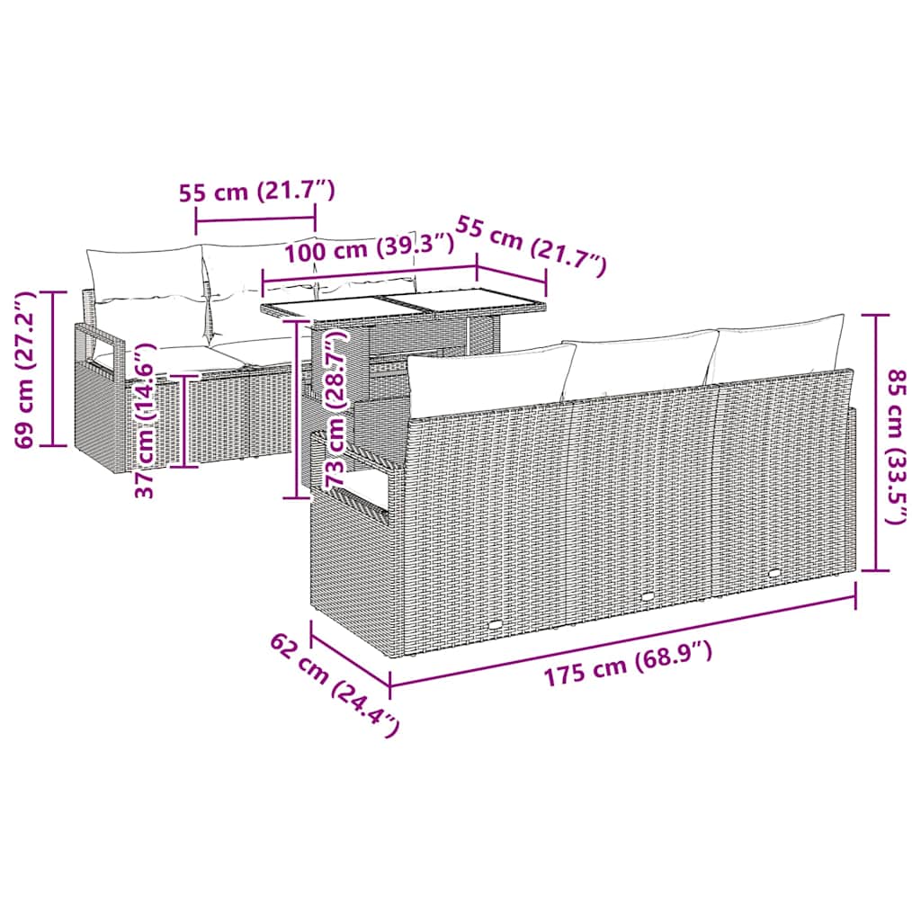 Sofa Sæt med pude 7 pcs Sort polyrattan