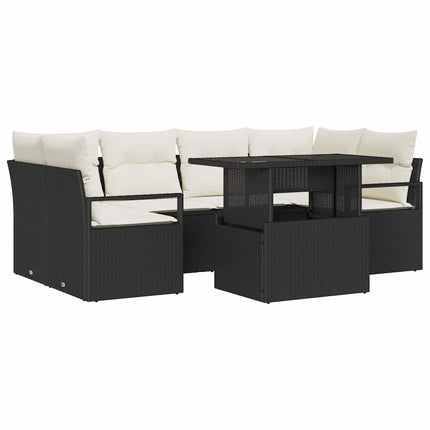 Havesofa Sæt med opbevaring med pude 7 pcs Sort polyrattan