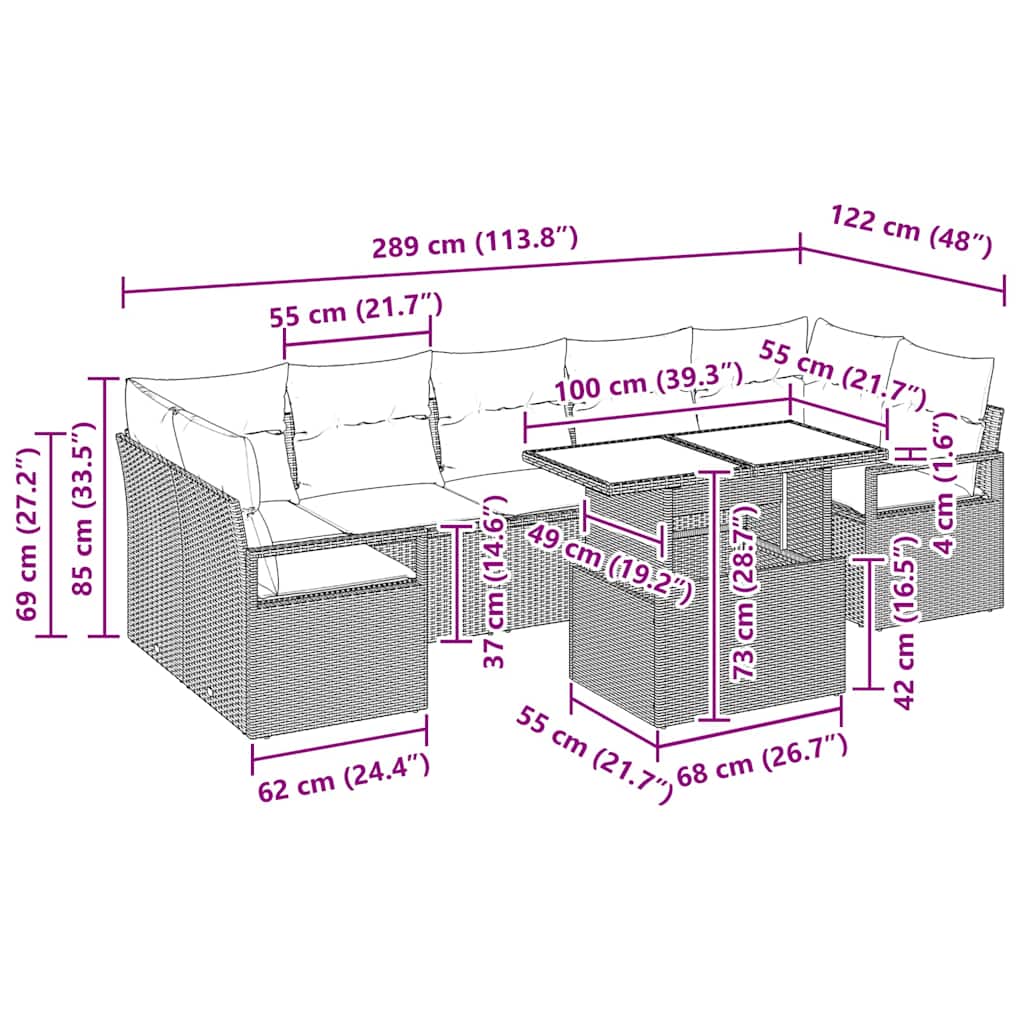 Havesofa Sæt med pude 8 pcs Beige og lys grå polyrattan