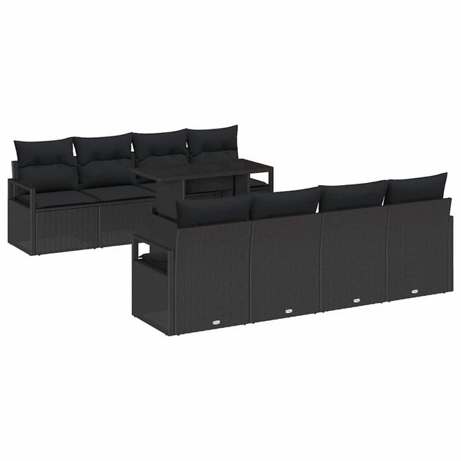 Havesofa Sæt med opbevaring med pude 9 pcs Sort polyrattan