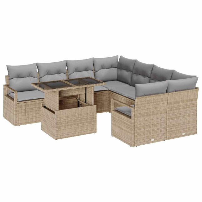 Havesofa Sæt med pude 9 pcs Beige og lys grå polyrattan