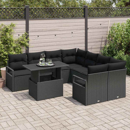 Havesofa Sæt med pude 9 pcs Sort polyrattan
