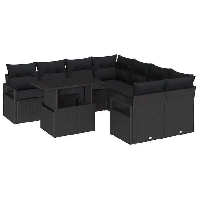 Havesofa Sæt med pude 9 pcs Sort polyrattan