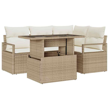 Havesofa Sæt med pude 5 pcs beige og cremefarvet polyrattan