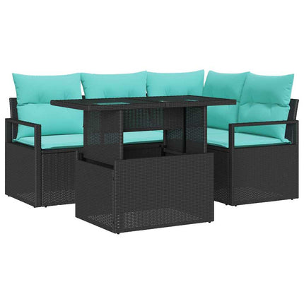 Havesofa Sæt med pude 5 pcs Sort og blå polyrattan