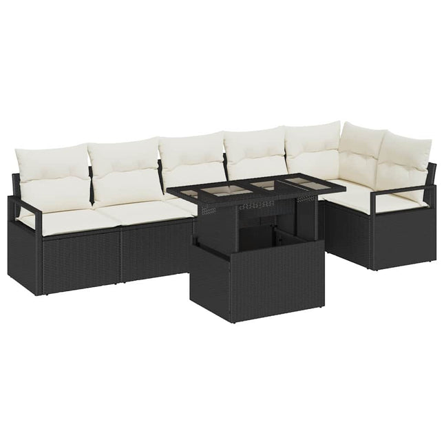 Havesofa Sæt med pude 7 pcs Sort Poly rattan