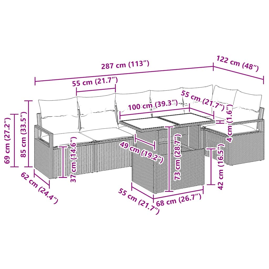Havesofa Sæt med pude 7 pcs Beige Poly rattan