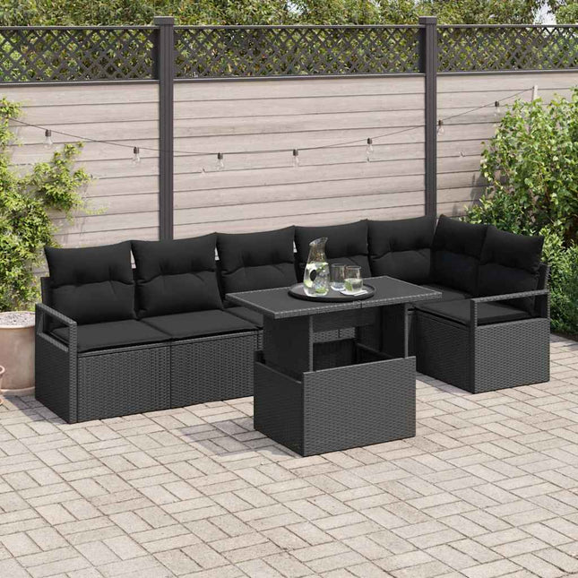Havesofa Sæt med opbevaring 7 pcs Sort polyrattan