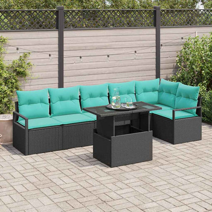 Havesofa Sæt med opbevaring 7 pcs Sort og Blå polyrattan