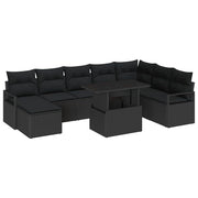 Havesofa Sæt 9 pcs Sort Polyrattan og pulverlakeret stål