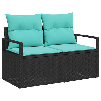 Havesofa Sæt 9 pcs Sort og blå Polyrattan og pulverlakeret stål