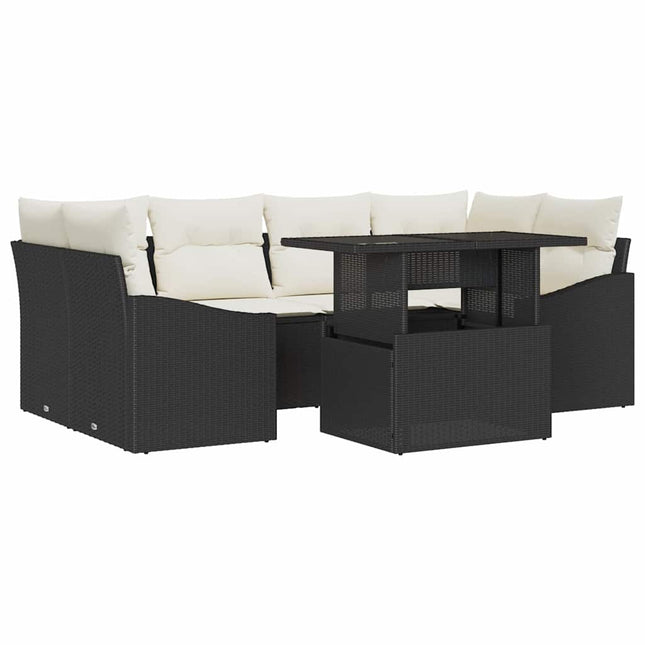 Havesofa Sæt med pude 7 pcs Sort og cremefarvet polyrattan