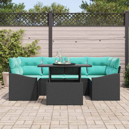 Havesofa Sæt med pude 7 pcs Sort og Blå Poly rattan