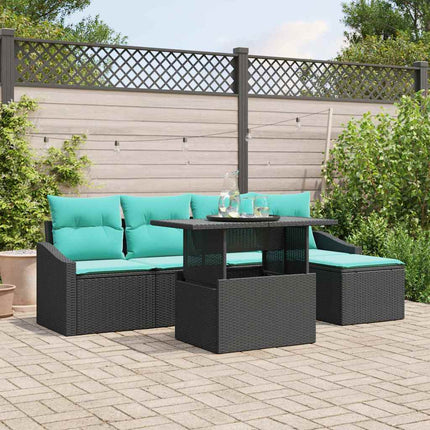 Havesofa Sæt med pude 6 pcs Sort og Blå polyrattan